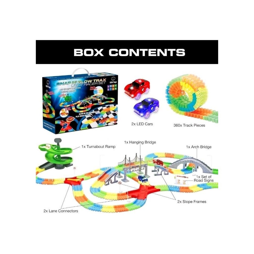 Glow Trax 360pc Glow-in-the-Dark Flexible Race Track Set w/ LED Light‎ Up Cars